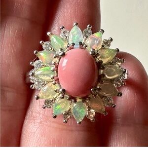 925 Sterling Silver signed STS Chuck Clemency pink Coral and opal ring size 8.75